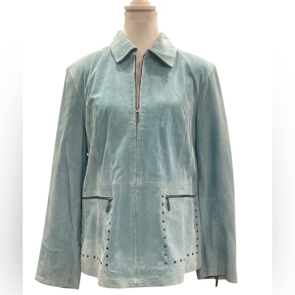 Guillaume Pastel Blue Green Suede Leather Moto Jacket Studded Y2K L - Picture 3 of 10